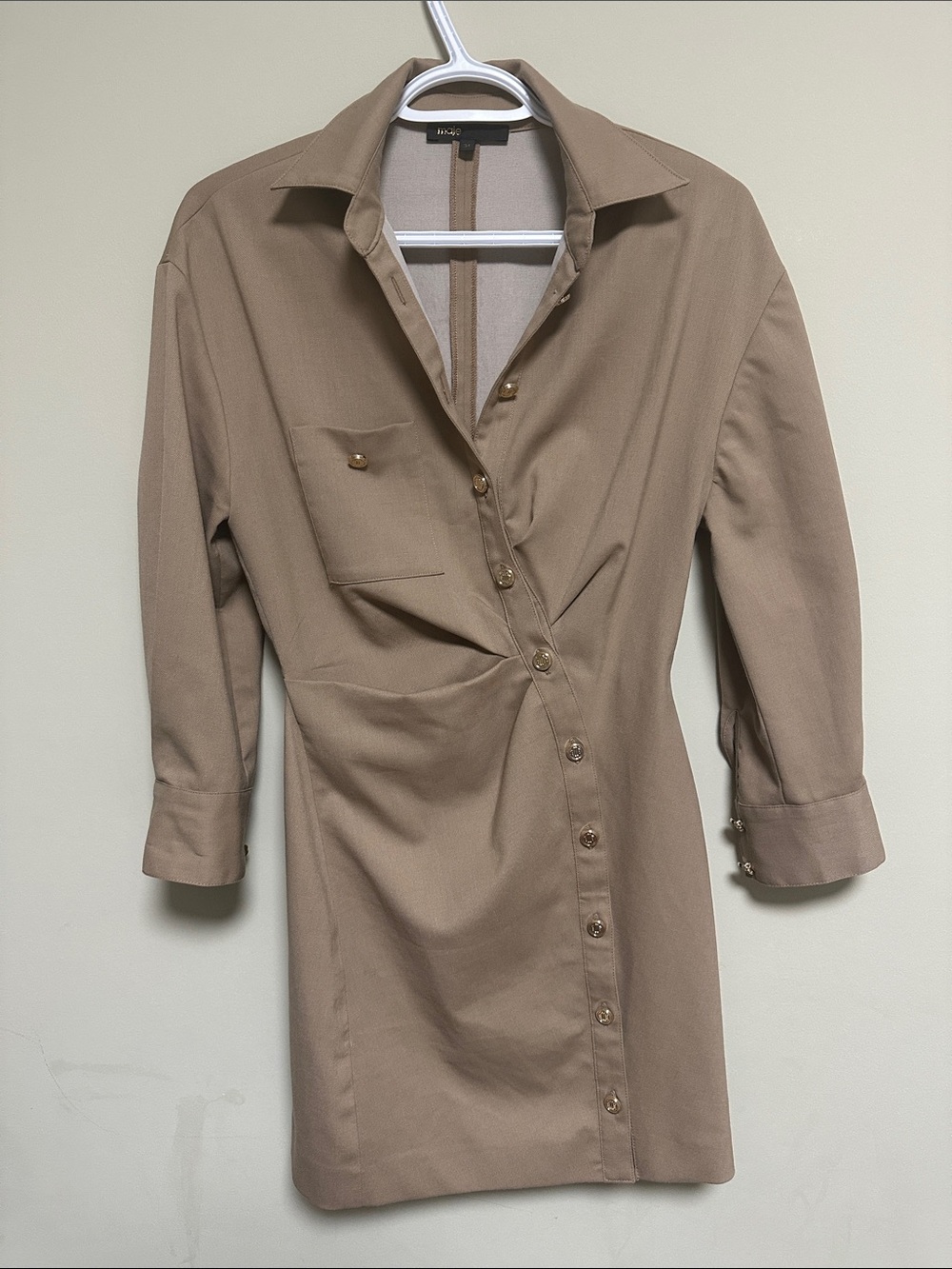 Maje Tan Button-Front Twist Shirt Dress